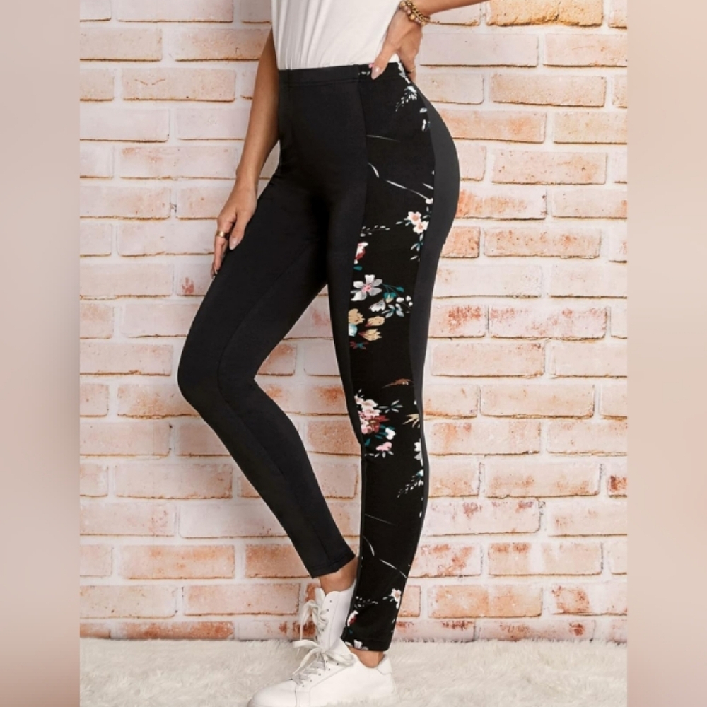 Emery Rose High Waist Leggings Floral Spliced Side Striped Contrast Skinny